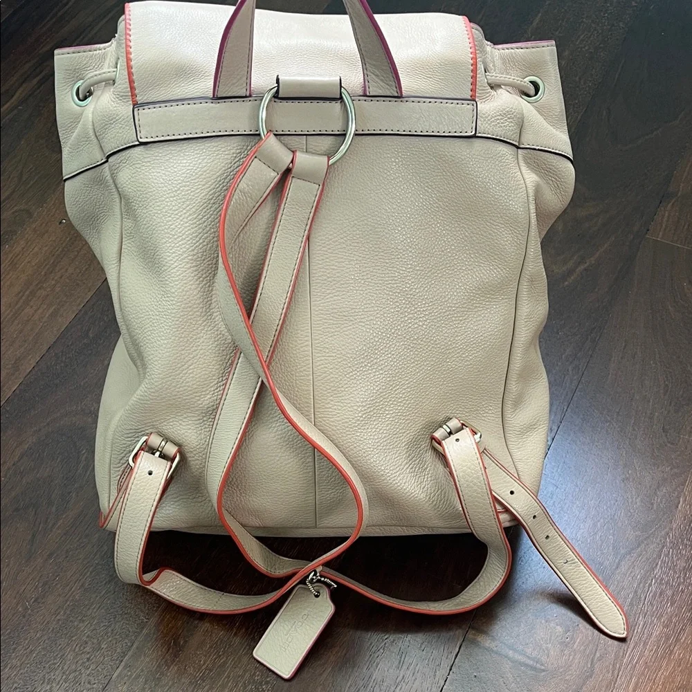 Coach Cream Leather Drawstring Backpack with Pink Trim